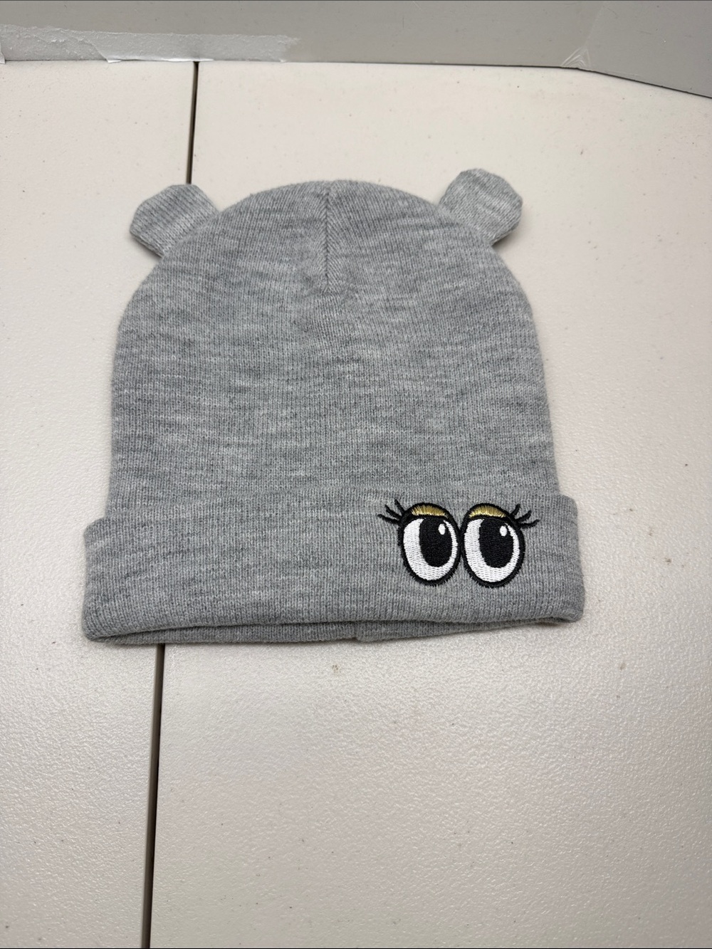 Carter's Grey Knit Beanie with Embroidered Eyes and Ear Accents
